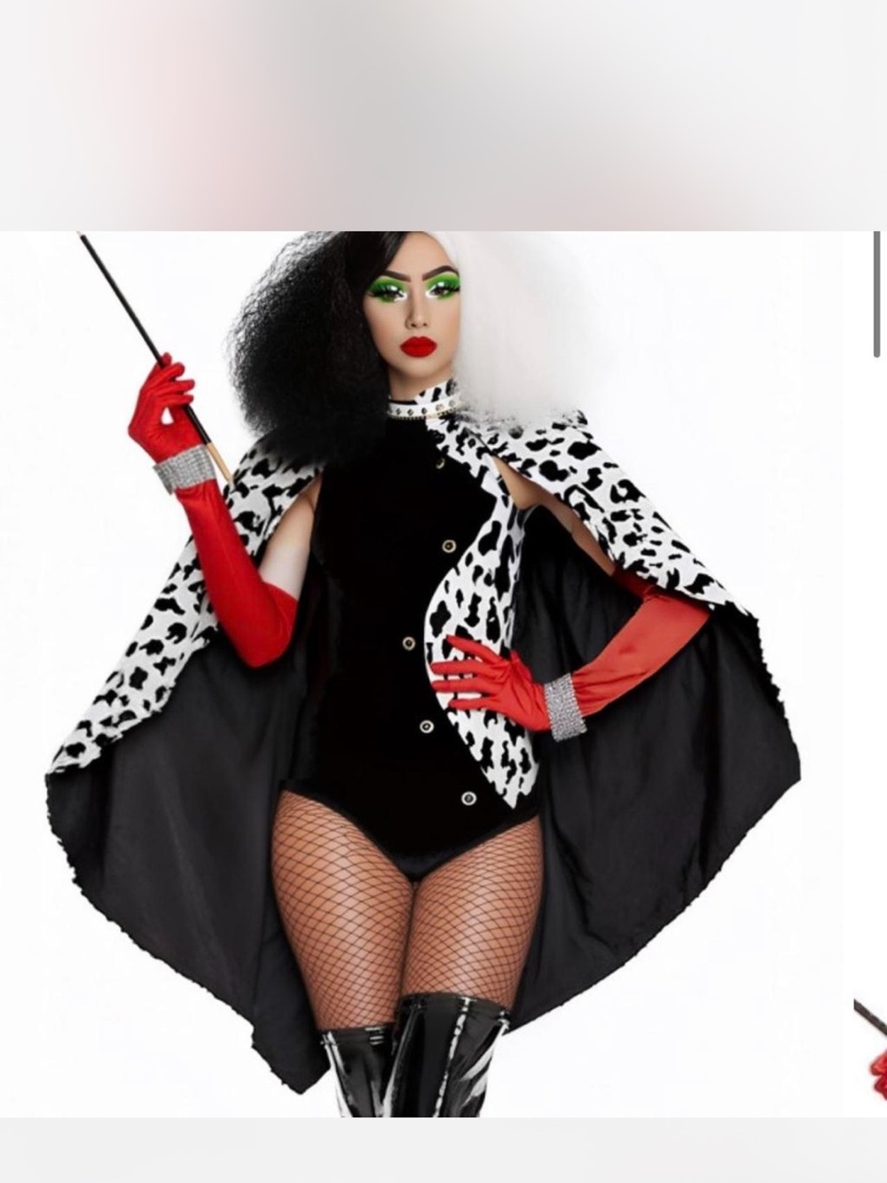 Yandy Black & White Dalmatian Print Velvet Bodysuit with Cape Costume